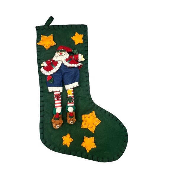 3D Christmas Santa Elf Stocking With Stars & Bear Shoes Green Felt Lined 18" L - Picture 9 of 9